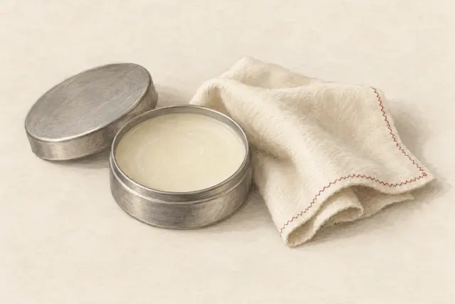 Illustration of an unbranded wax tin and polishing cloth